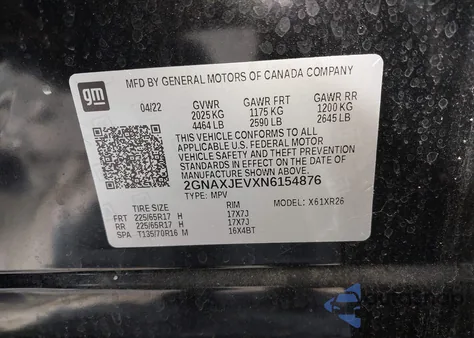 2022 Chevrolet Equinox Fwd 2Fl from USA, damaged, VIN 2GNAXJEVXN6154876